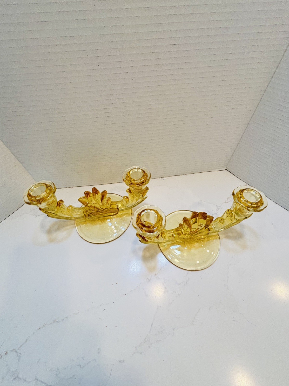 VTG Fostoria Baroque Candlestick HJolders Topaz Yellow Glass Art Deco