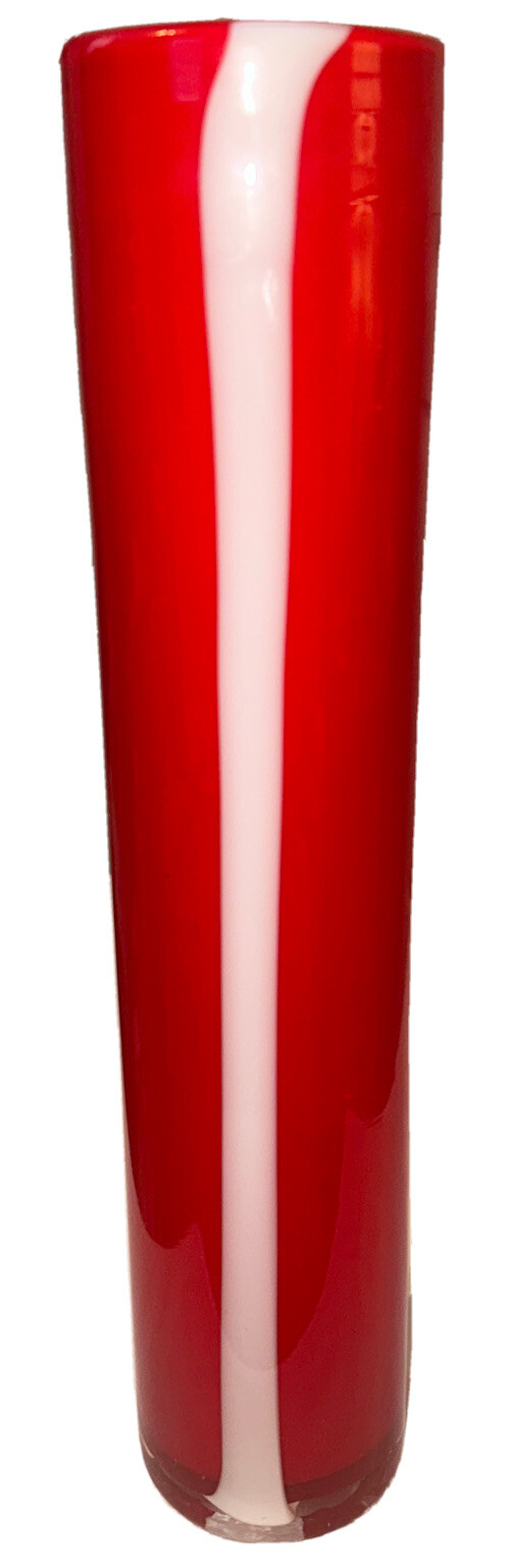 Red Fused Art Glass Cylinder Vase with White Accent Stripe, 15.75” H 3 1/4” dia