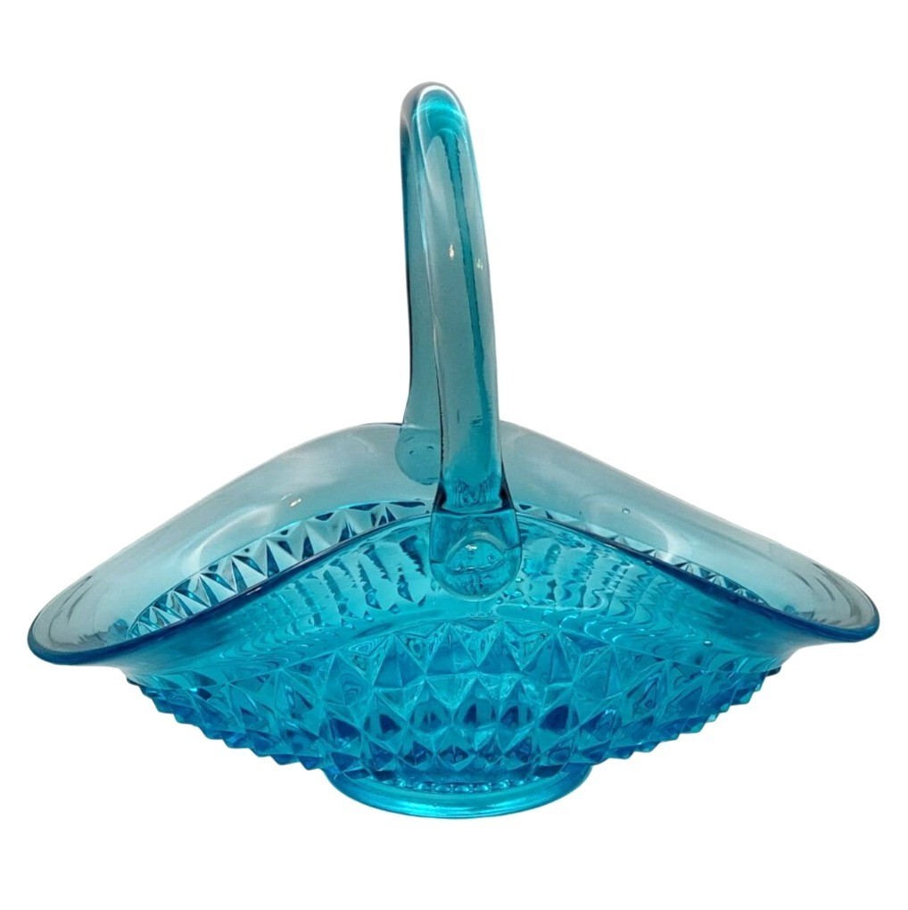 Vintage Tiara Indiana Pressed Glass Diamond Point Horizon Blue Handled Basket