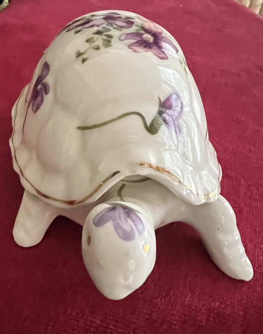 Fine Bone China Turtle Trinket Box Porcelain Purple Flower Pattern