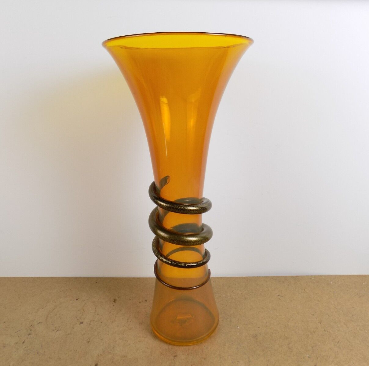 Blown Art Glass Orange Vase with Black & Gold Applied Snake Wrap 12.75″ Tall