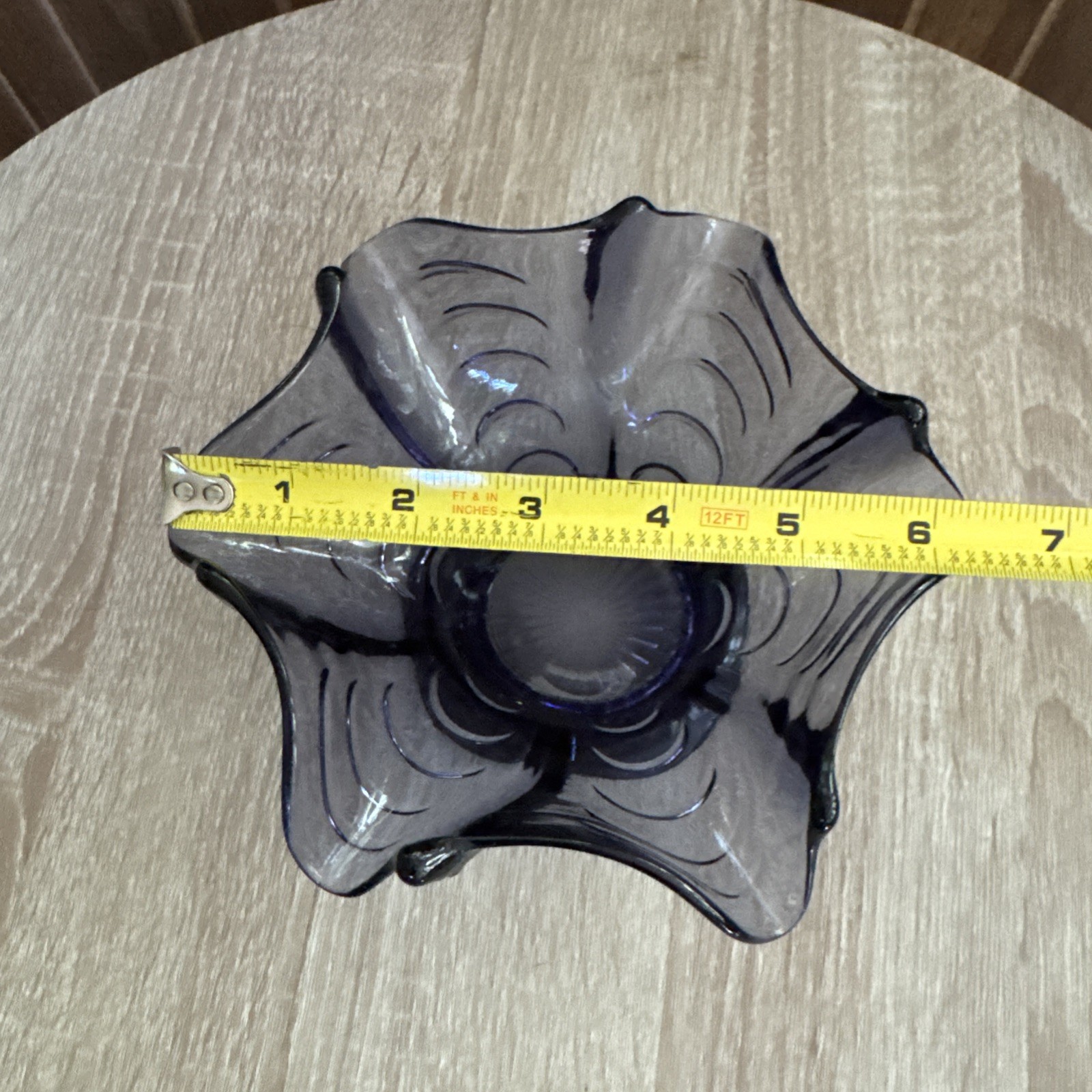 Vintage AMETHYST Purple Short Ruffled Vase Art Glass Pressed Pulled Loop Dugan