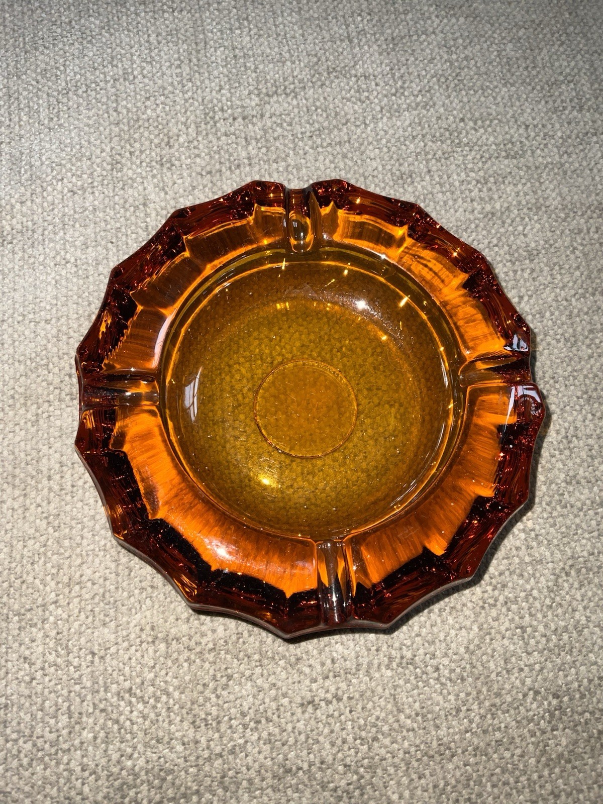 Fostoria Amber Ashtray Eagle Coin 1887 Vtg Heavy Art Glass 5” MCM