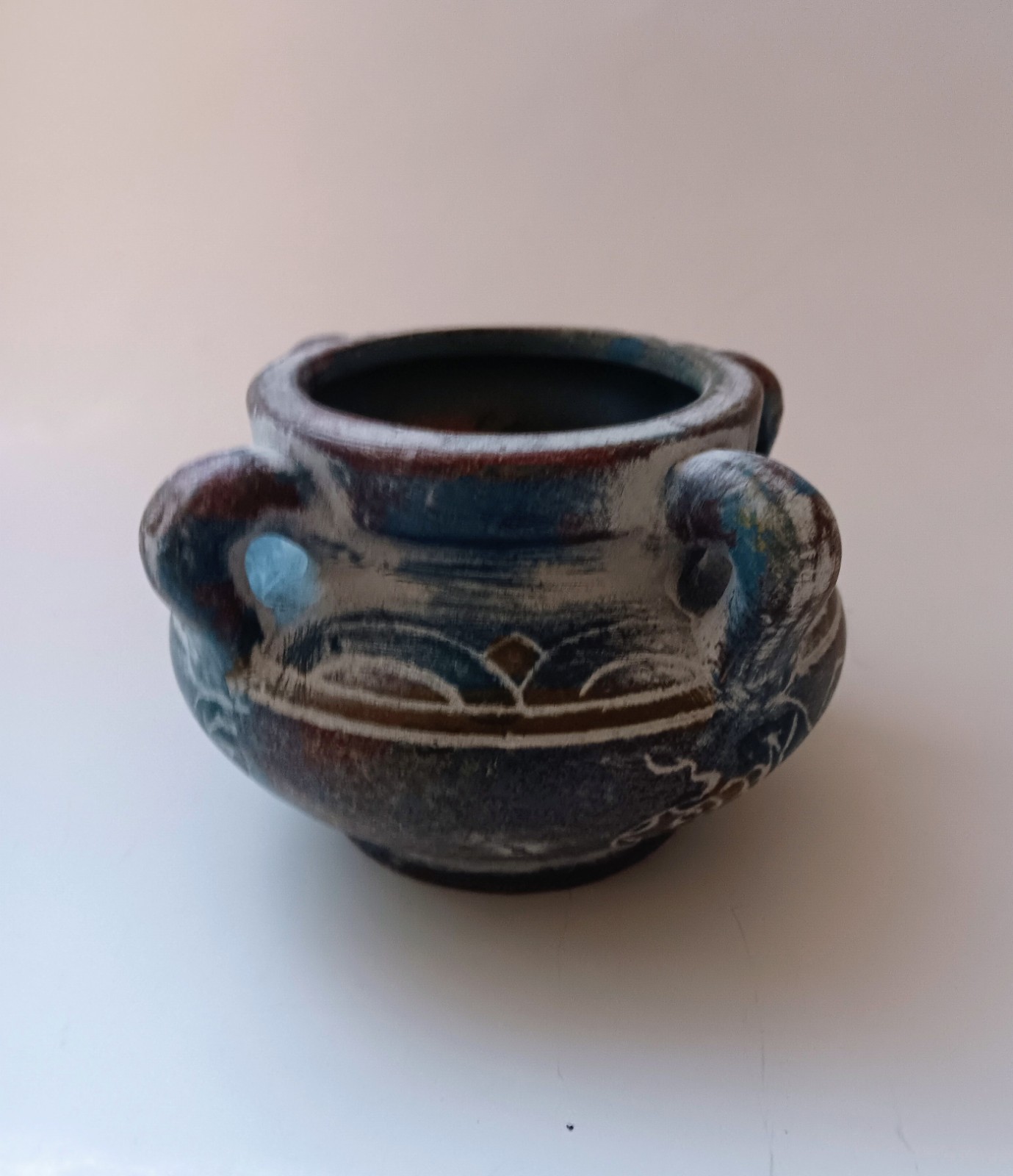 Handmade Small Ceramic Vase Distressed Blue & Purple Etched Floral Design…