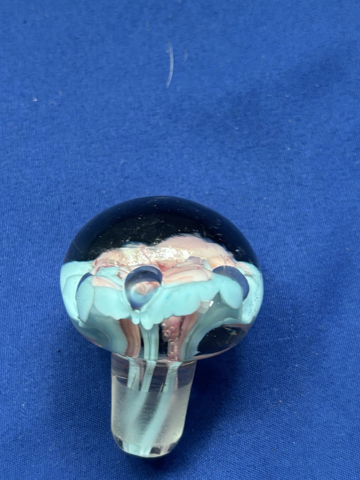 Vintage Art Glass PINK & BLUE Flowers Bottle Stopper Round 2 x 2 1/4″ Blue Base