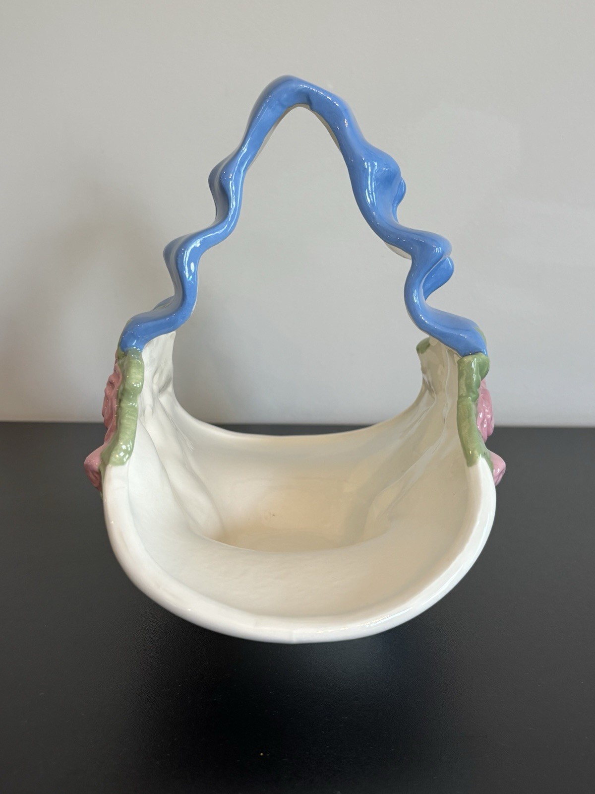 Ceramic Basket Pink Roses Blue Ribbon Handle Vintage 1990 Hand Painted Floral