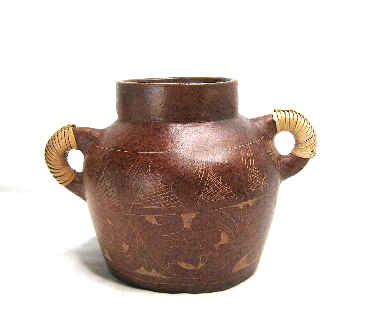 Indonesian Red clay pot handmade with two handles wrapped with Rattan & etchings