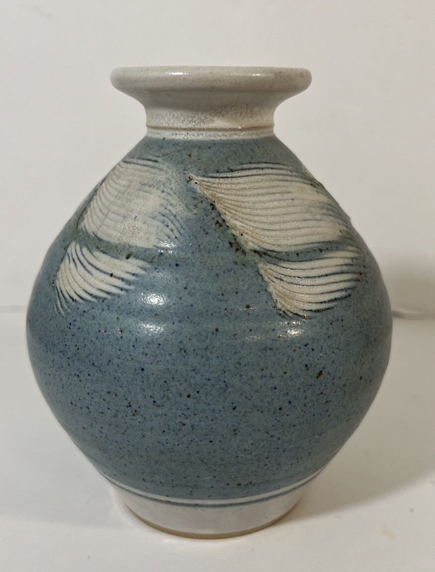 Art Pottery Vase Light Blue and White Speckled Stoneware Signed 4.75 Inch