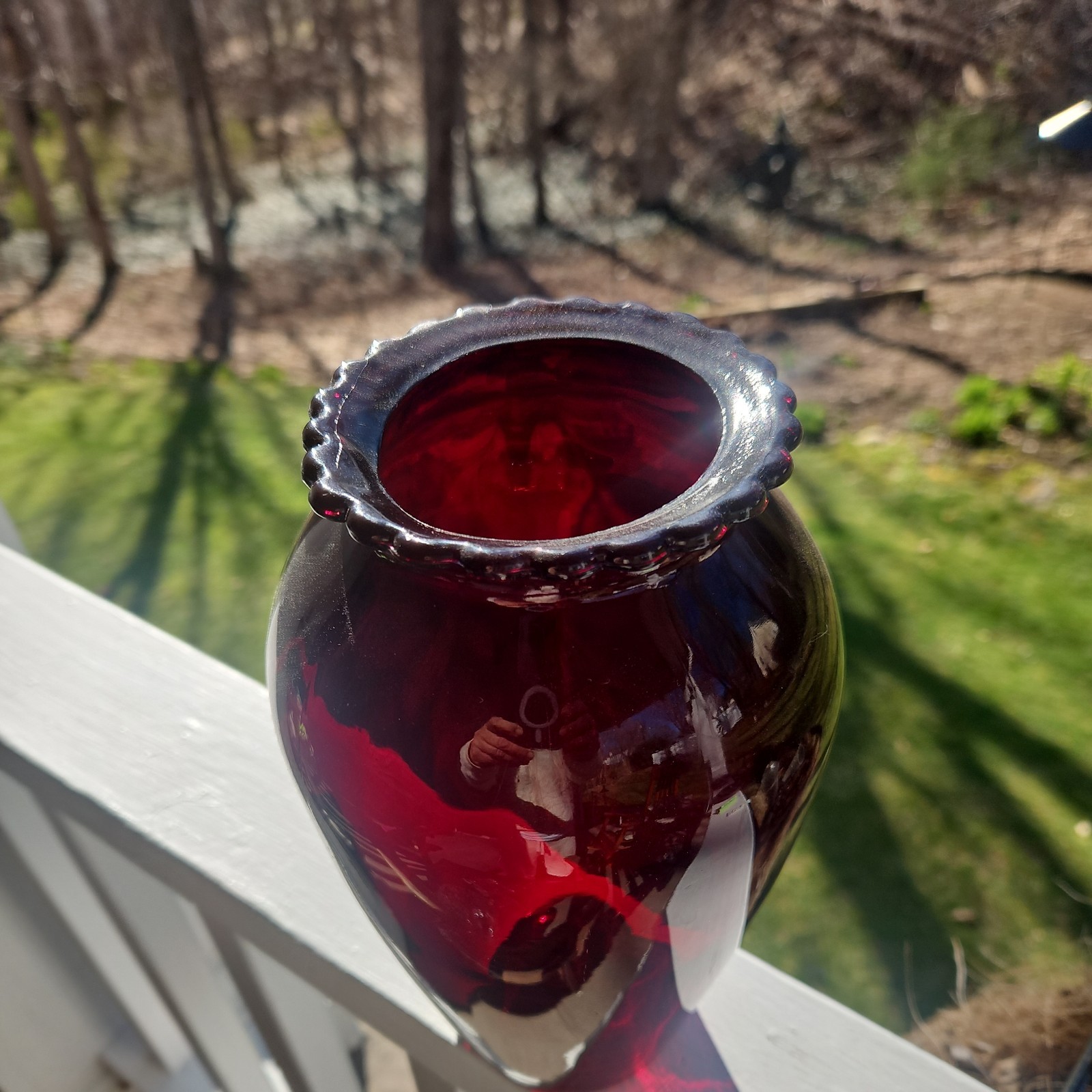 Anchor Hocking Glass Royal Ruby Red Scalloped Top Edge Vase 9″ Tall Vintage
