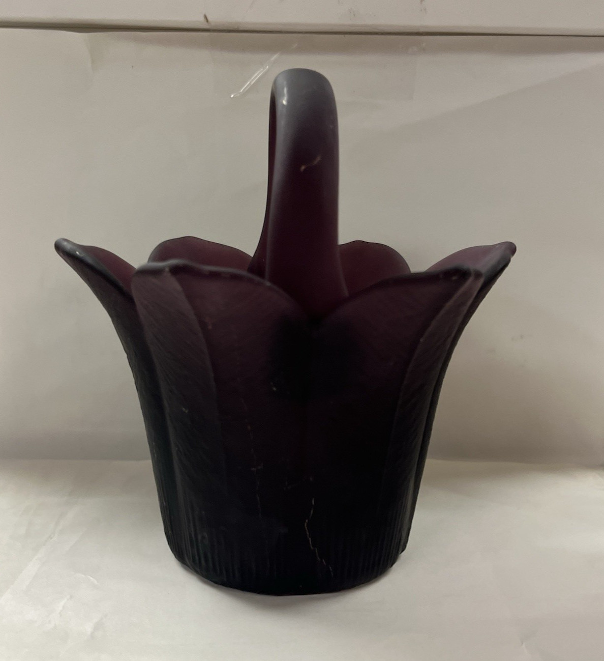 Vintage Purple Flower Petals Leaves Matte Finished Satin Art Glass Basket Vase