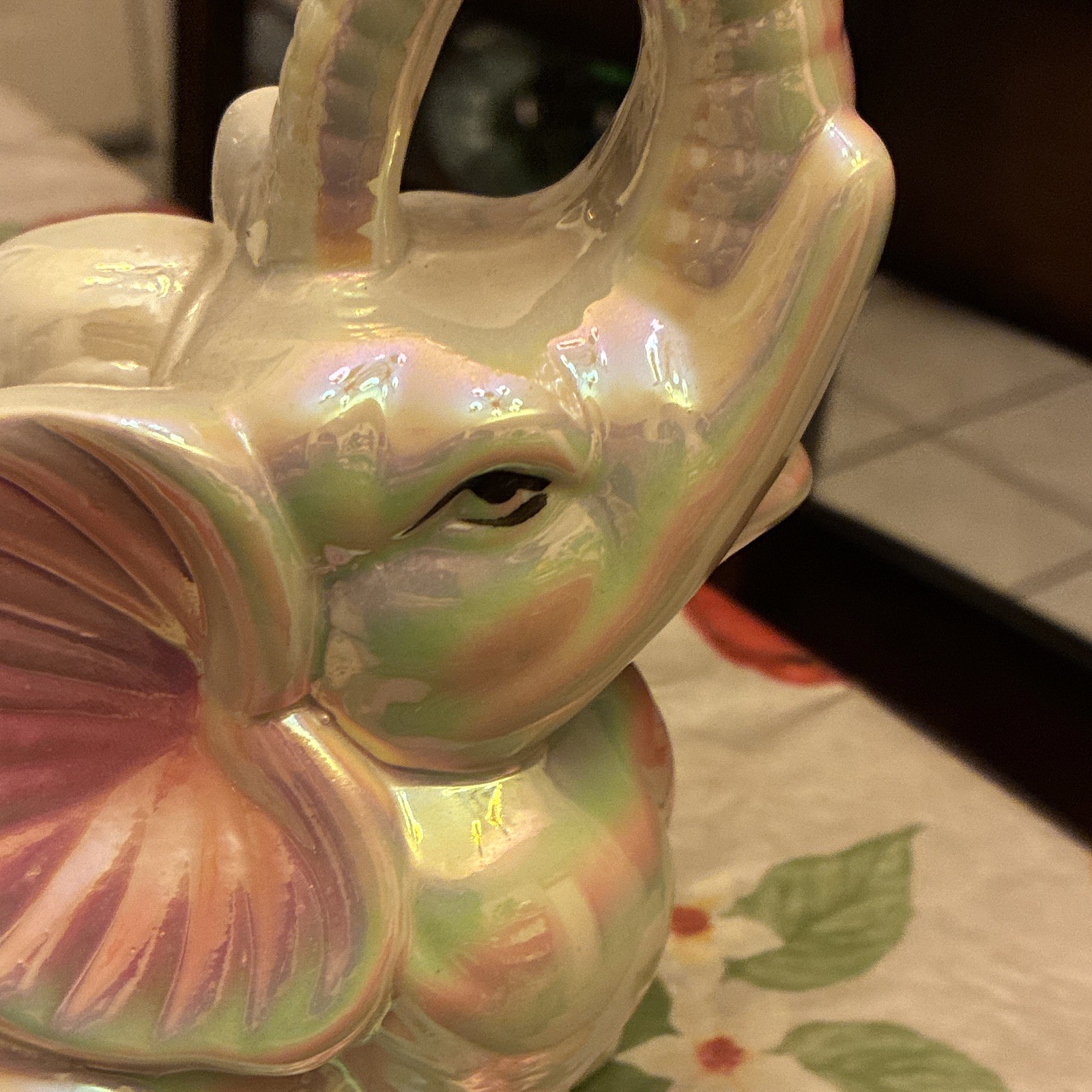 Iridescent Glossy Ceramic Elephant Figurine, White Pink Green