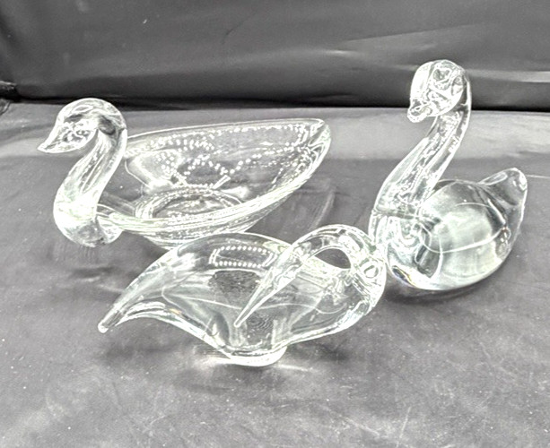 Vintage 3 Various Decorative Glass Swans Swimming Cleaning Trinket Dish Clear
