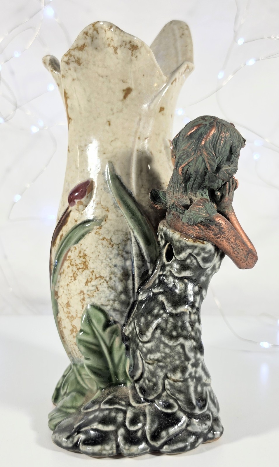VTG 9″ Ceramic Figural Vase with Fairy Woman and Butterfly Floral Art Pottery