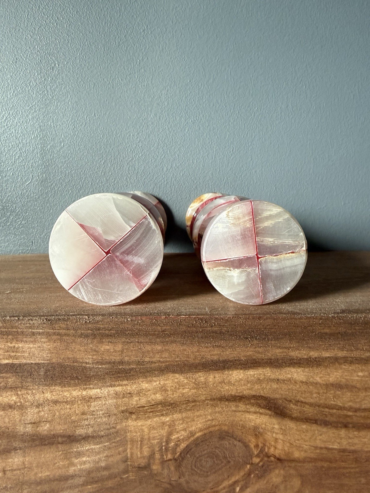 Pair Decorative Vase or Candle Holder Pink & White Onyx Marbled Pattern