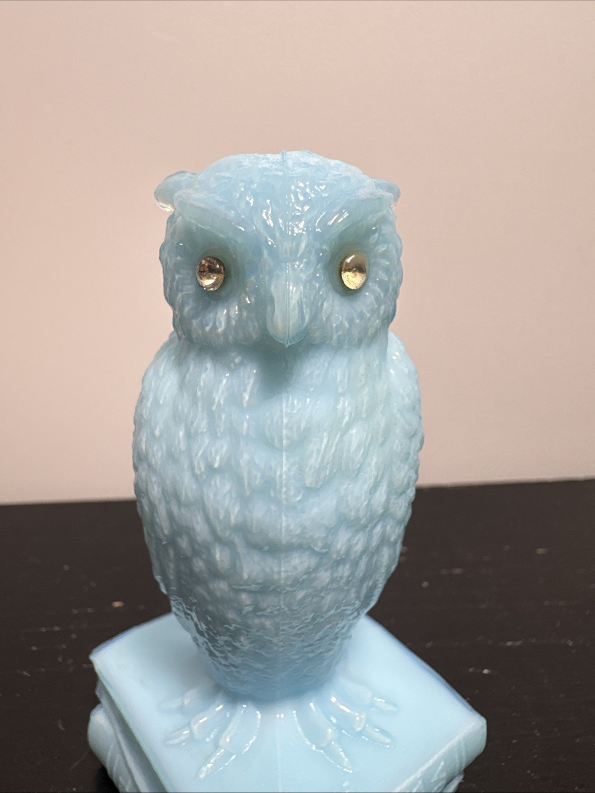 Vintage Westmoreland Glass WISE OWL ON STACK OF BOOKS Light Blue 3.5”