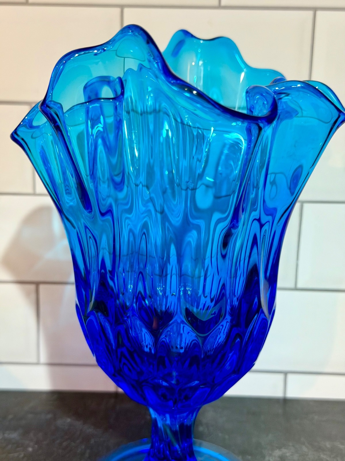 Vtg 8 1/2”H Fenton Swung Vase Colonial Blue Sapphire Hanker chief Thumbprint