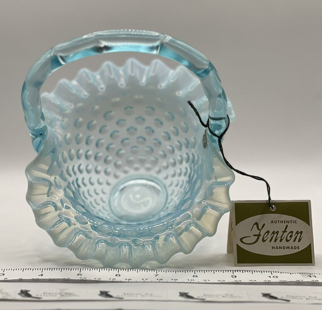 Fenton Aqua Blue Opalescent Hobnail Basket Ruffle Top Aqua Glass Handle MINT