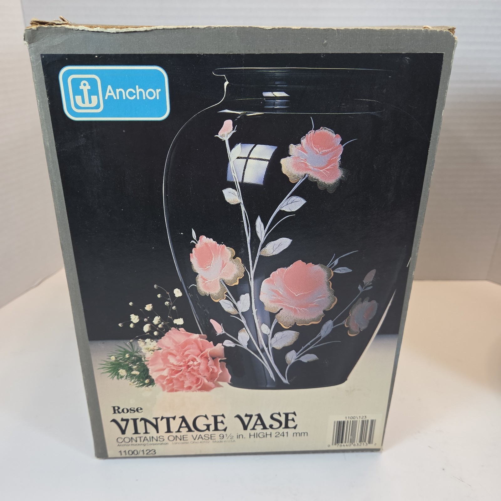 Anchor Hocking Vintage Rose Vase black Glass Hand Painted W/ Orig Box Floral USA