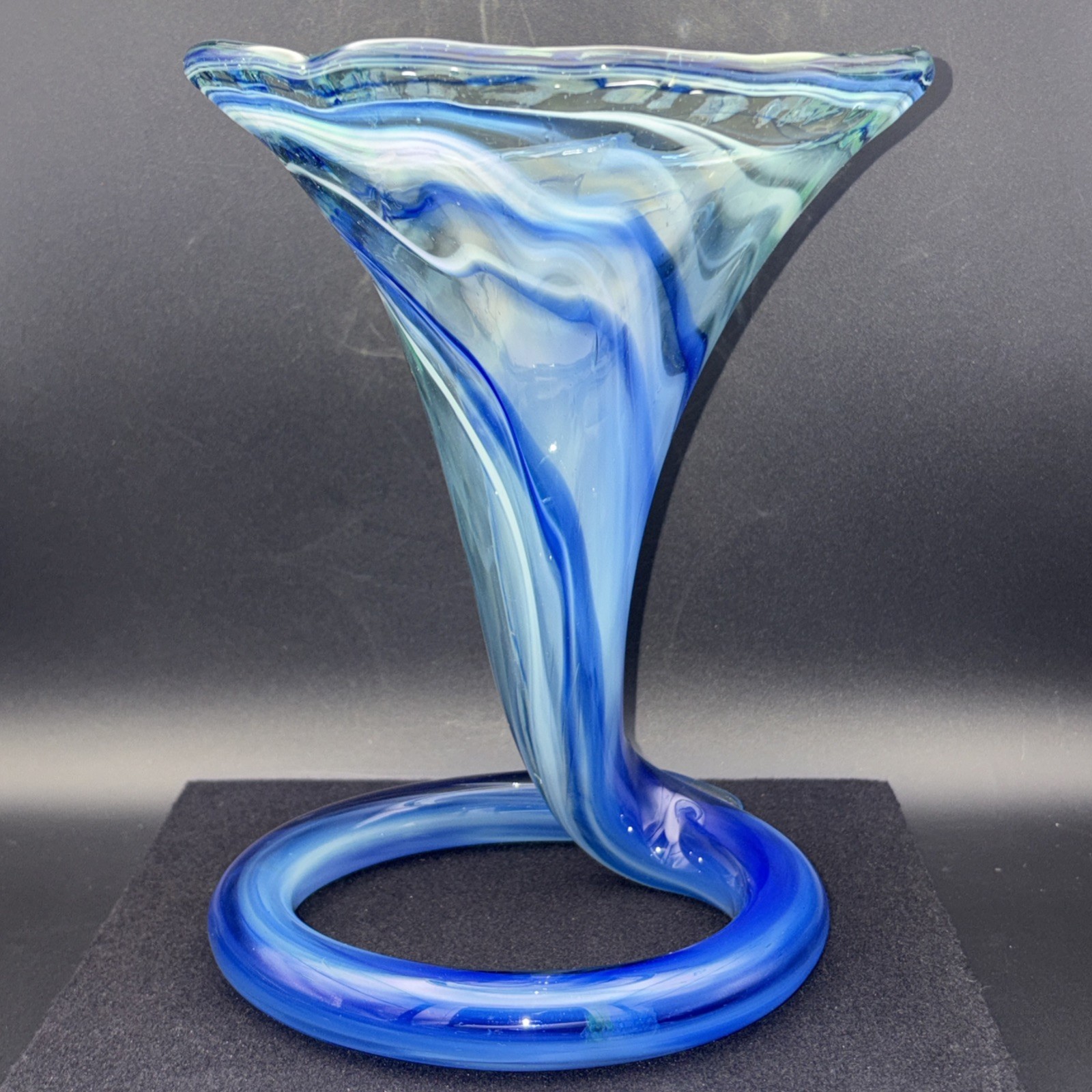 Vintage MCM Blue Swirl Art Glass Trumpet Vase 8″ Coiled Base Sooner Murano Style
