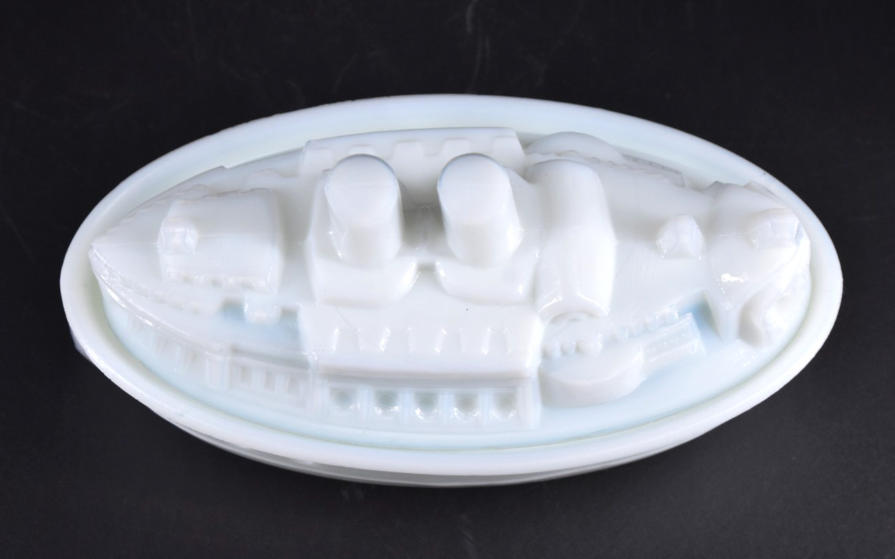 VTG Milk Glass FLACCUS BATTLESHIP Covered Dish Antique Americana USA c1900