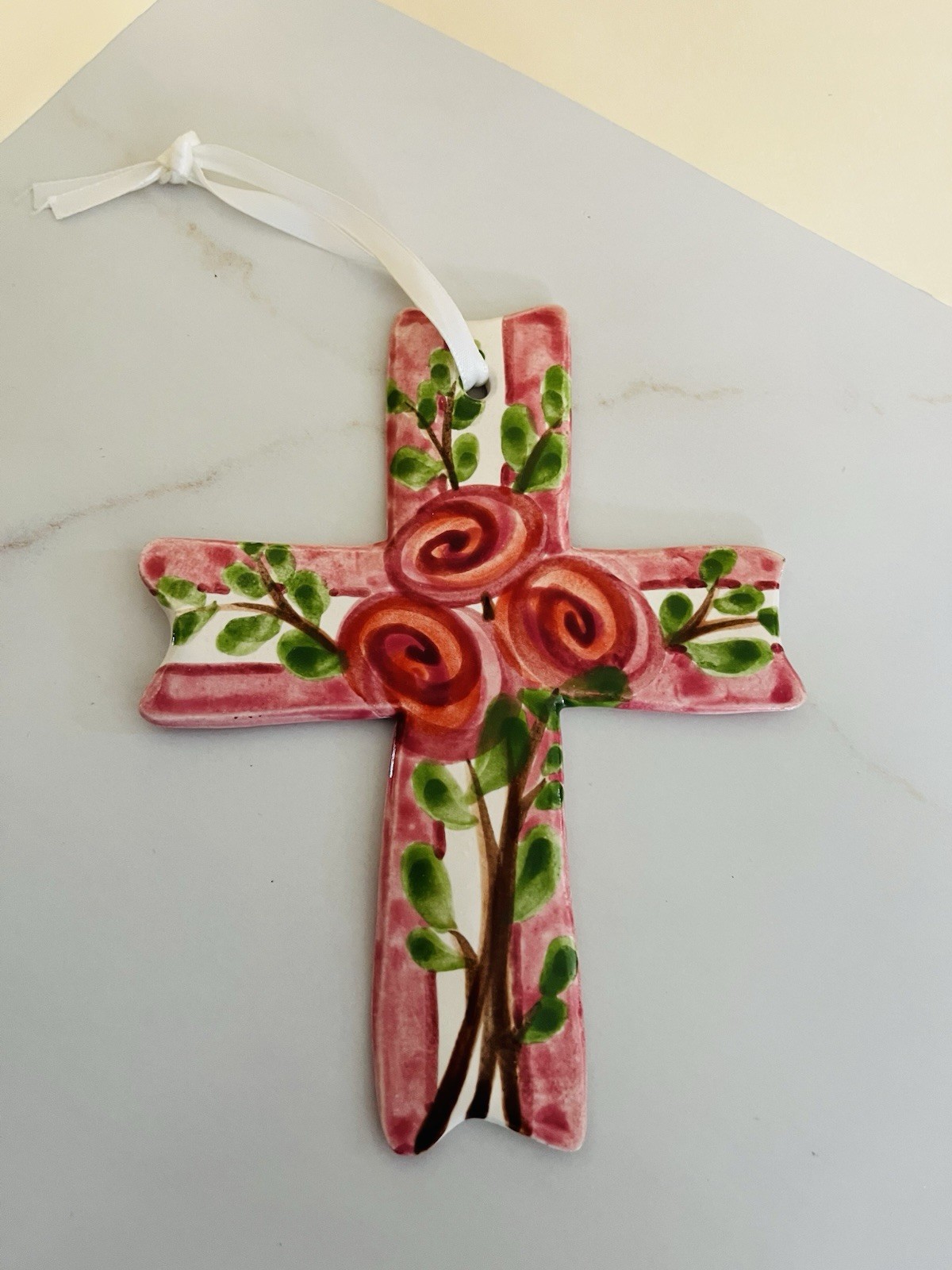 Vintage Annette Wade Studio Pottery Hand Painted Flower Ceramic Cross 1997