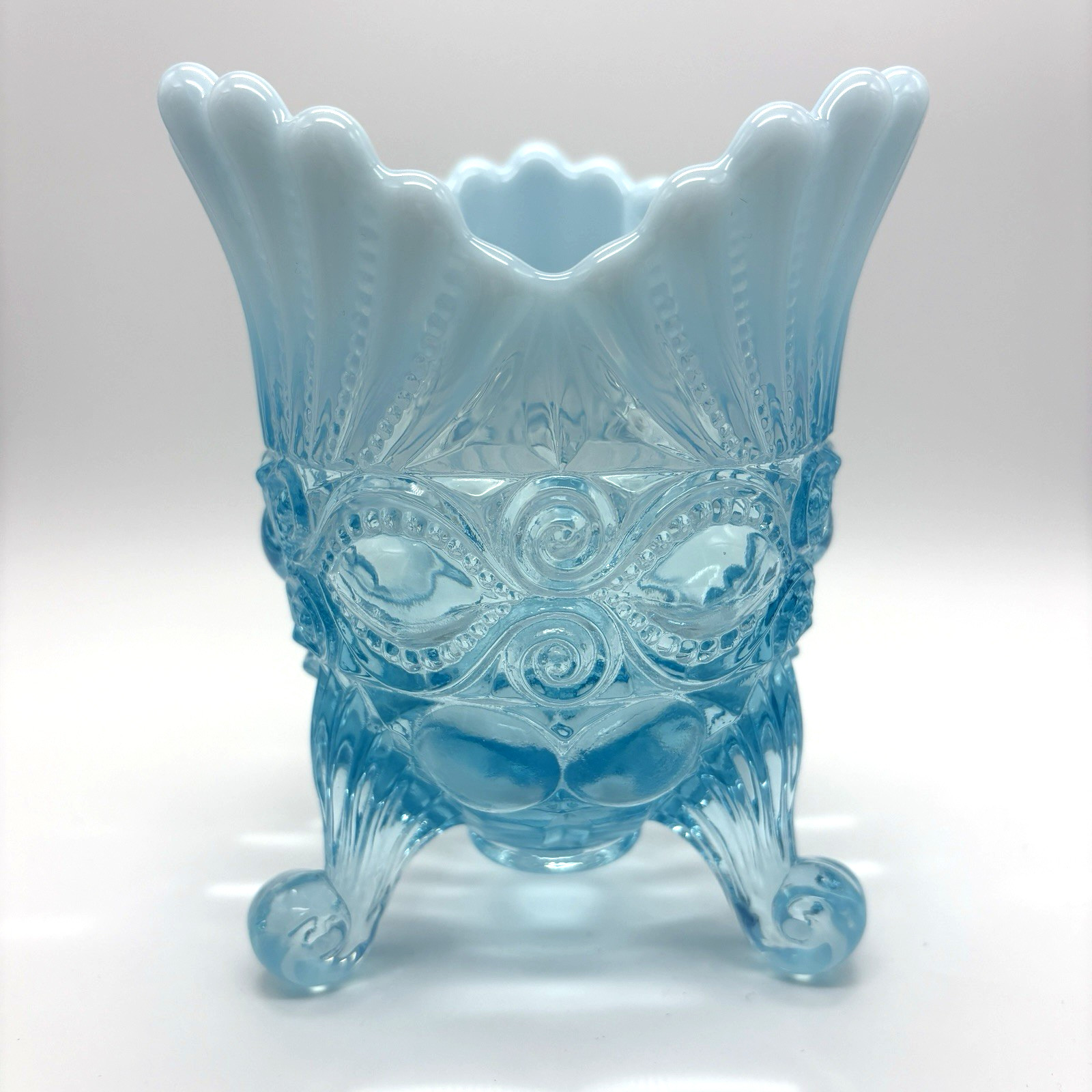 Mosser Aqua Blue Glass 3 Footed Eyewinker Eye Winker Pattern Spooner Vase