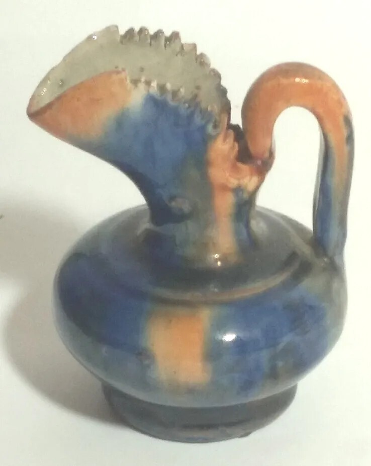 Vintage Pottery Miniature Jug Pitcher Saw Tooth Edges 2.75 inches Multicolor