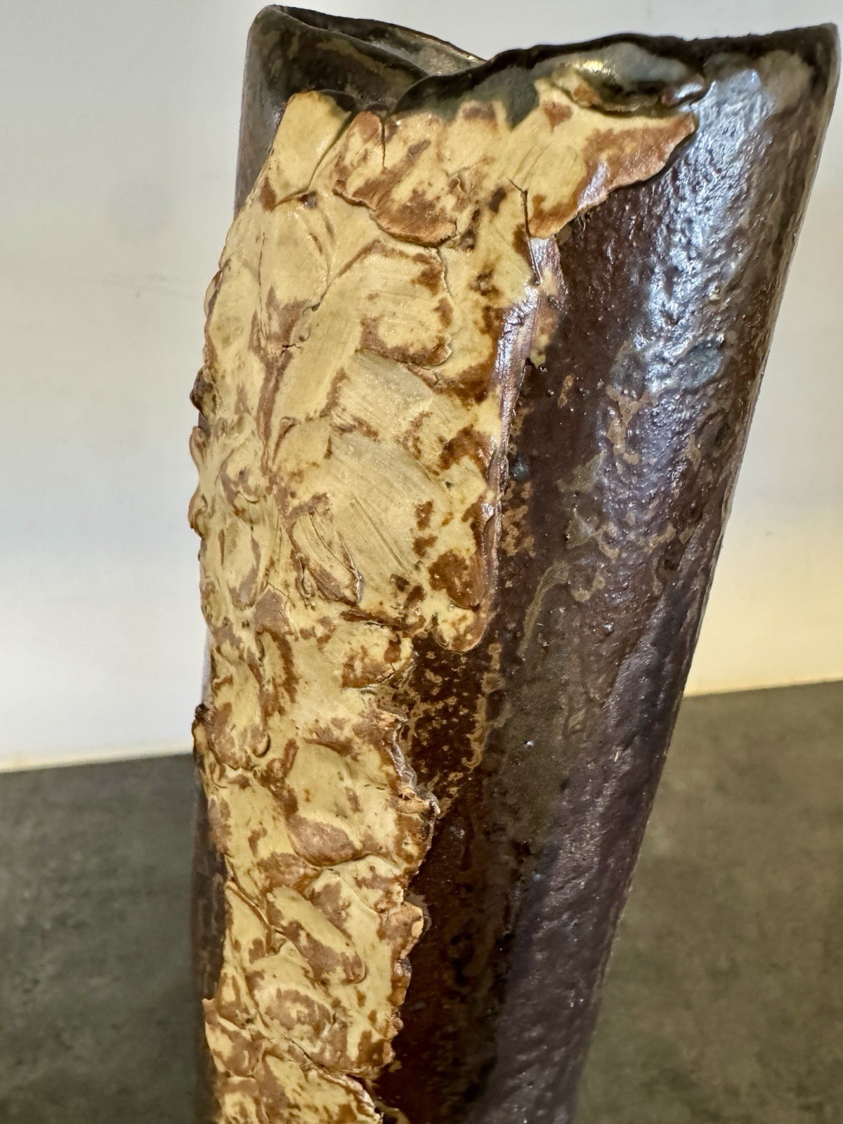 Large 16” Mid Century Brutalist Studio Art Pottery Scrolled Slab Vase