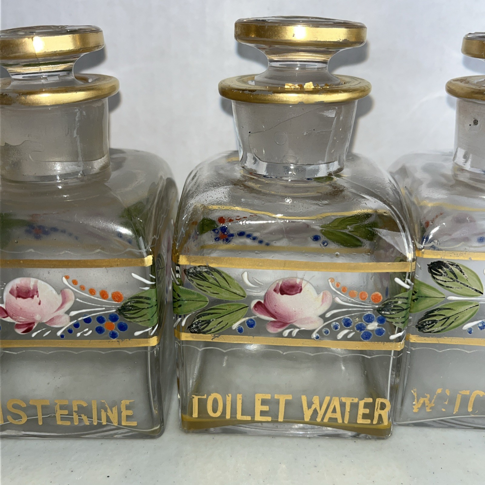 Antique Hand-Enameled Floral Pink Gold Gilded Glass Vanity Bottles Rare 5 Pieces