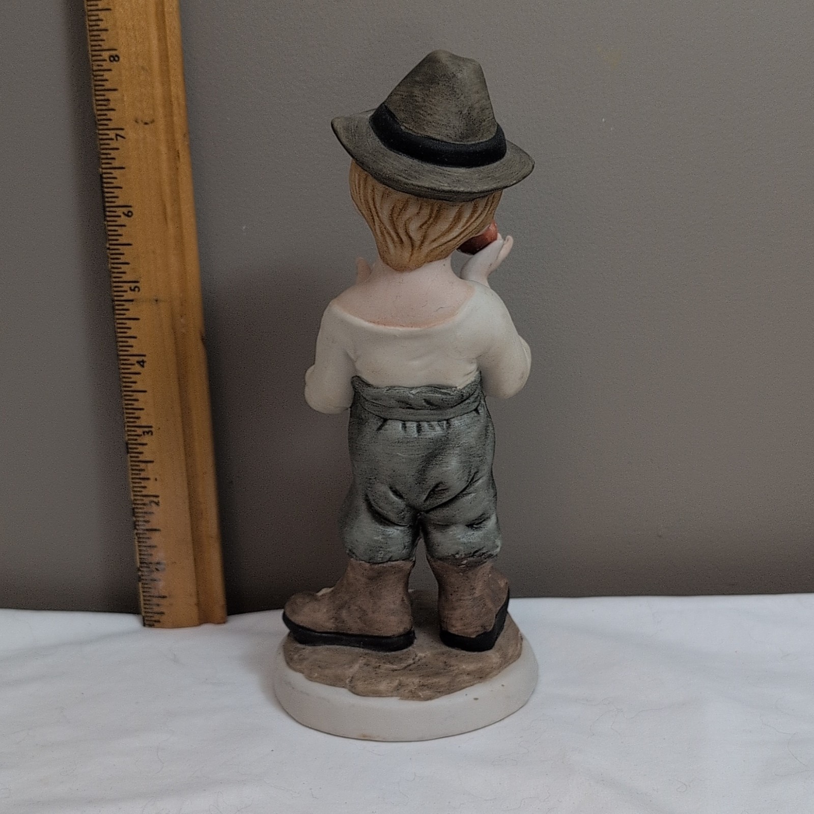 Vintage 8” Porcelain Boy with Apple Figurine – Hummel Style Mid-Century Bisque