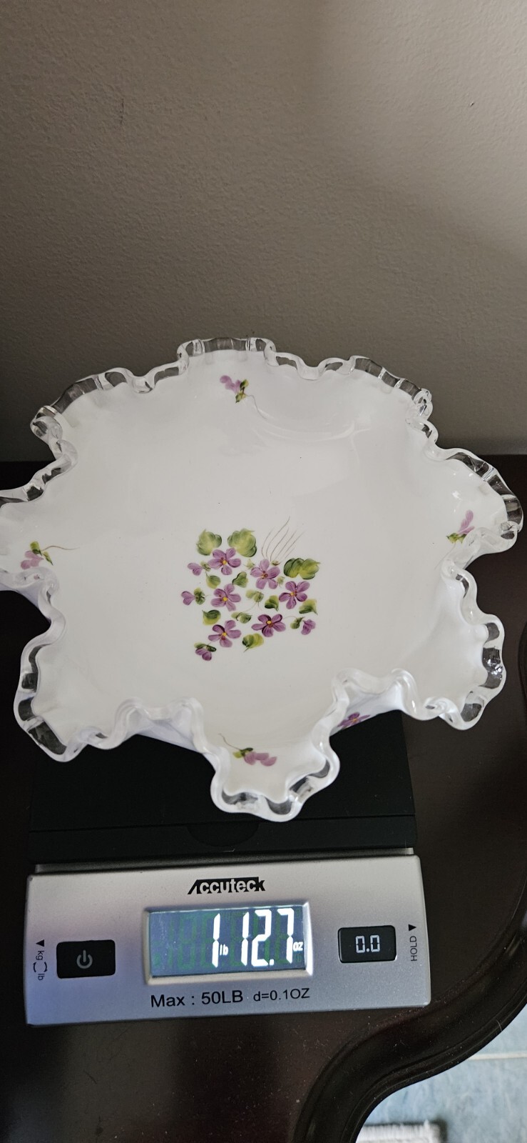 Fenton Silver Crest Violets in Snow White Glass Pedestal Decorative Bowl Dish