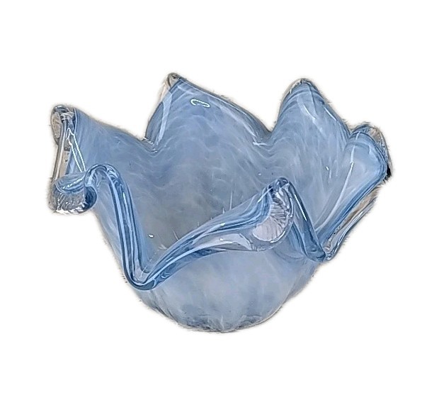Hand Blown Art Glass Ruffled Vase Blue White Swirl Freeform Centerpiece 5lb 2oz