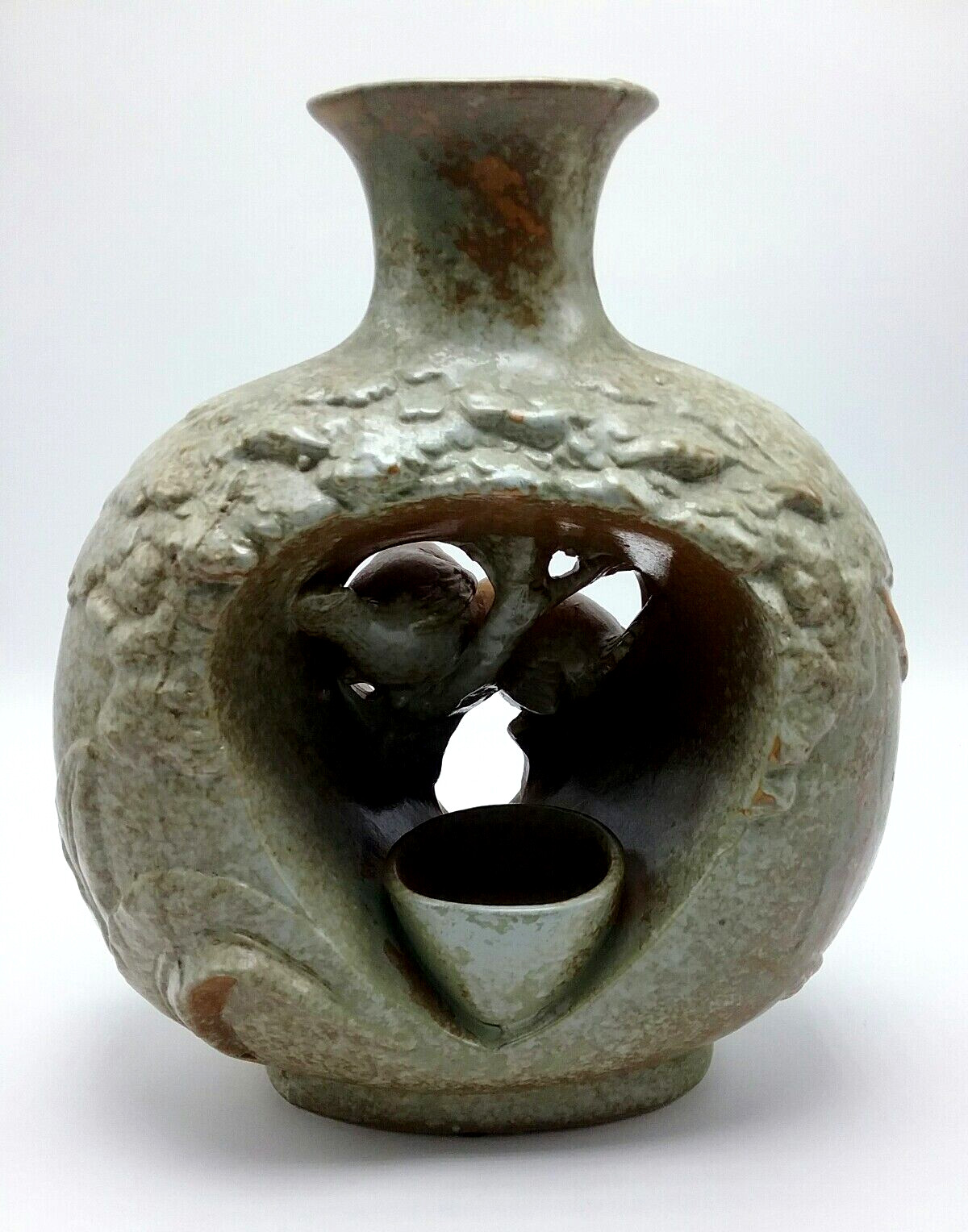 VTG Art Pottery Bird Vase with Tealight Candle Holder 3D Birds In Tree Green 9″H
