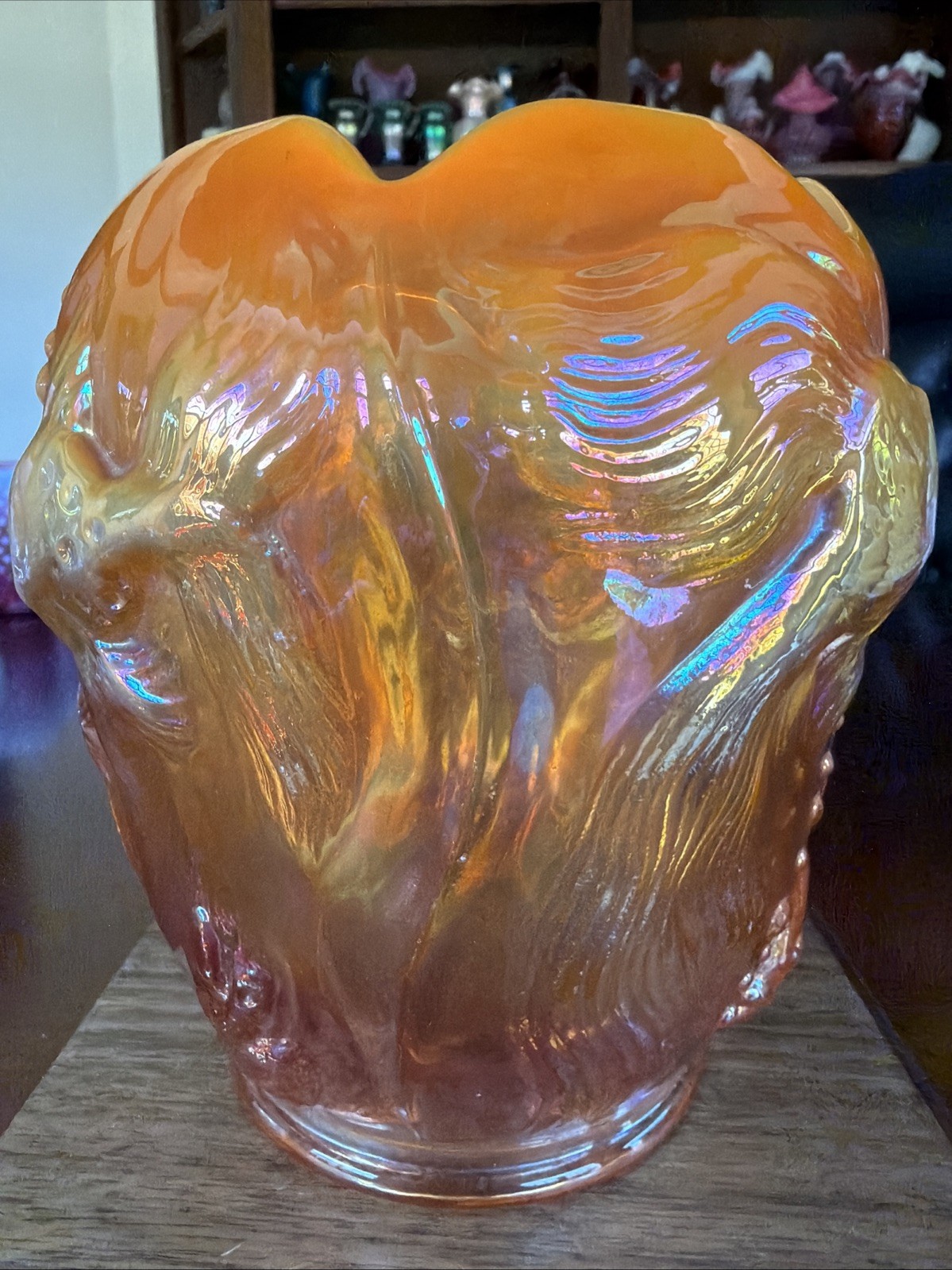 Gorgeous Fenton Iridescent Peach Opal Carnival Atlantis Koi Fish Vase Signed VTG