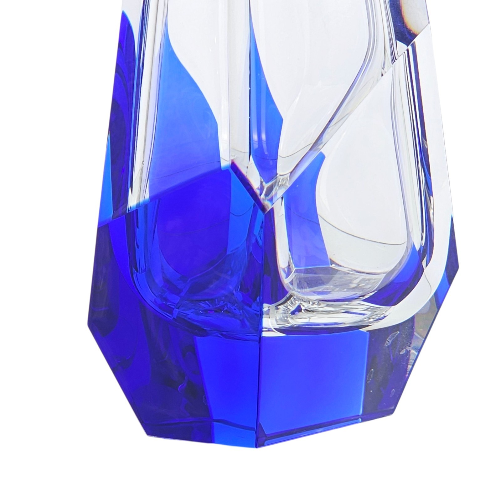 Hoya Imperial Cobalt Blue Clear Faceted Crystal Vase Japanese Modernist 8.25″