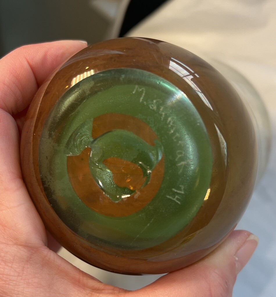 VTG 1974 Handblown studio art glass vase signed dated M Sumerak Green Brown 8.5”