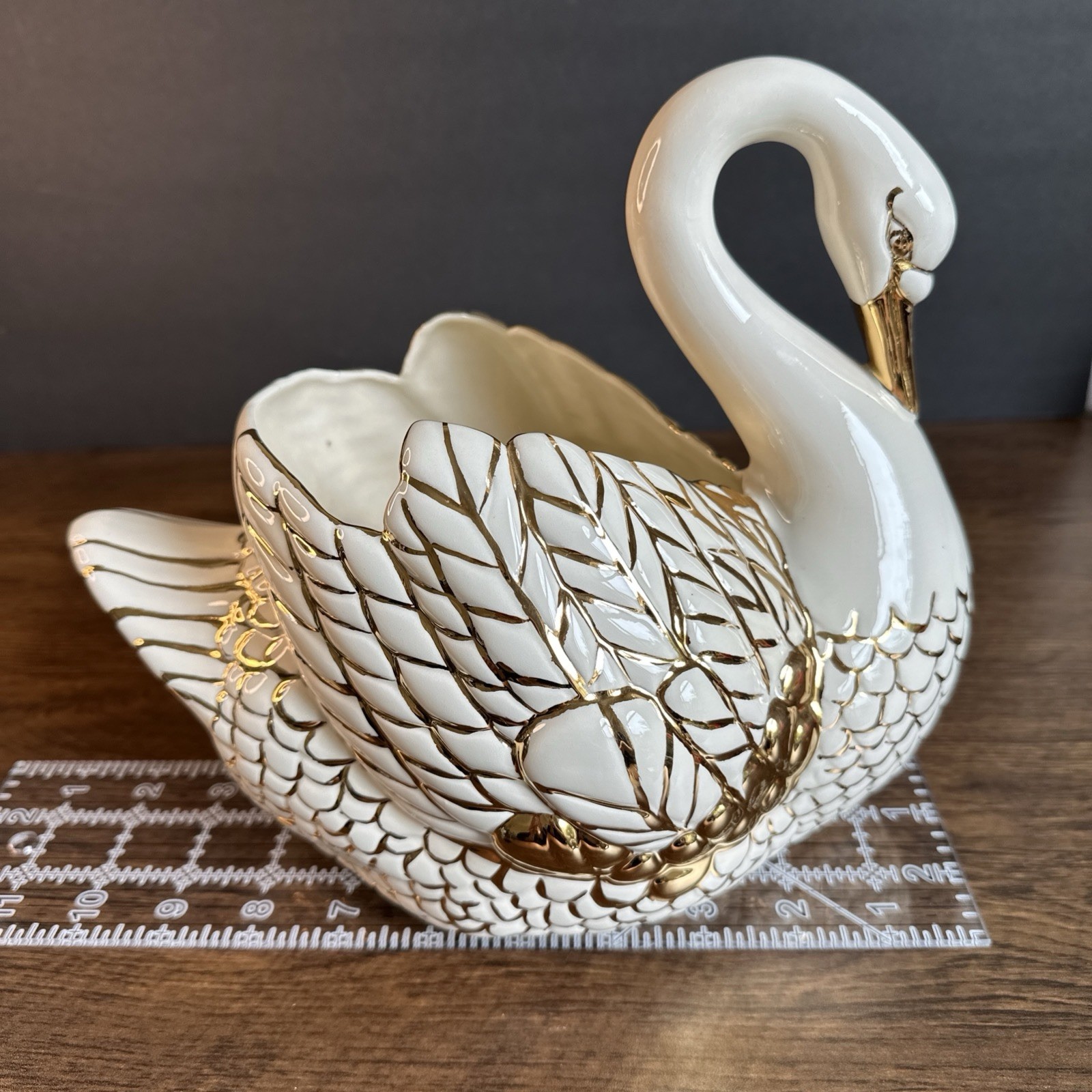 Holland Mold Swan Planter 1978 Cream & Gold Porcelain Pearl Metallic Vase Bowl