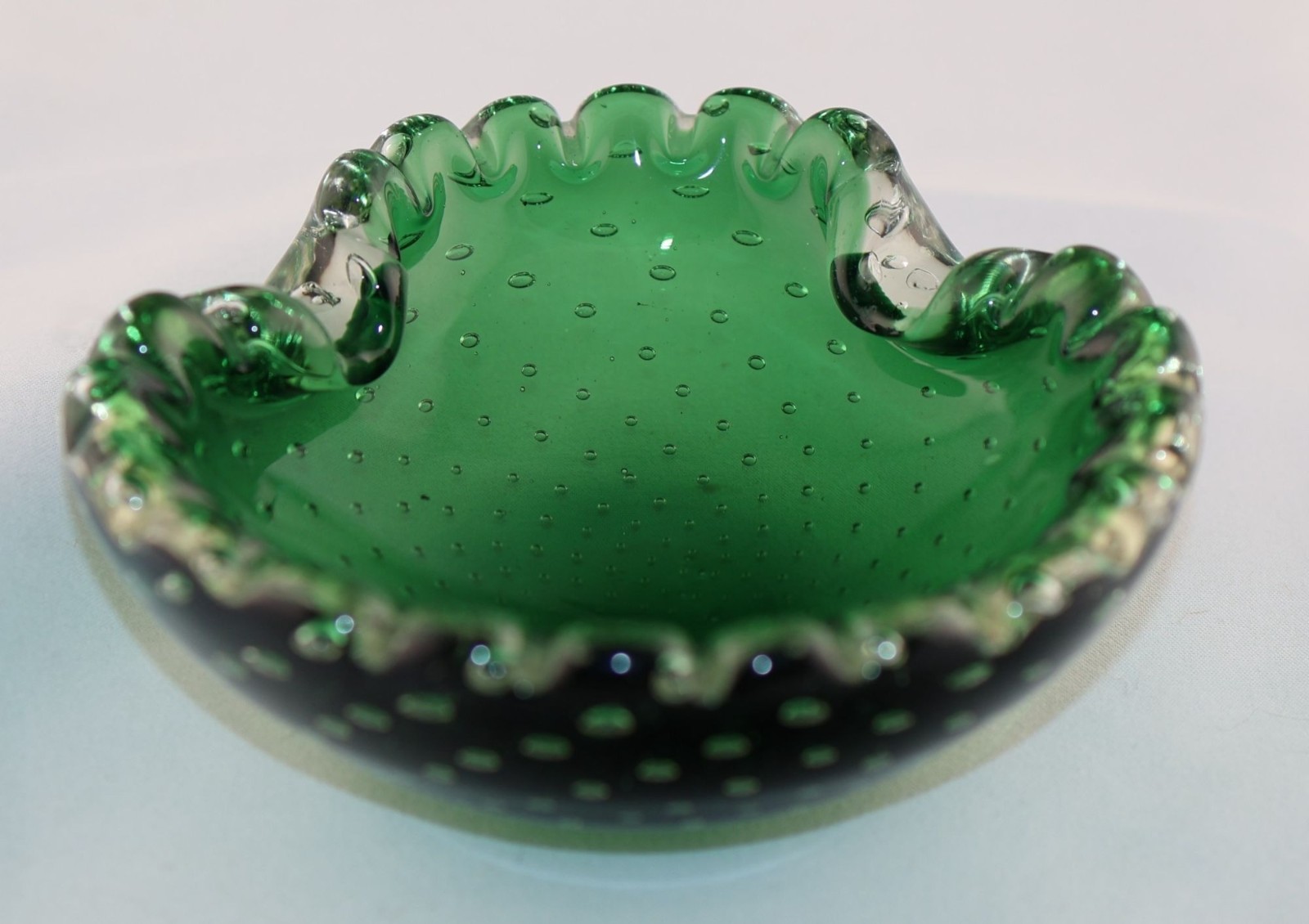 Vintage Murano Green Bullicante Art Glass Bowl Ashtray Alfredo Barbini 5″
