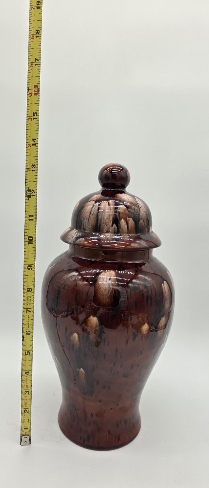 ​Large 14″ Studio Art Pottery Crystalline Vase / Ginger Jar Lidded Urn Brown 80s