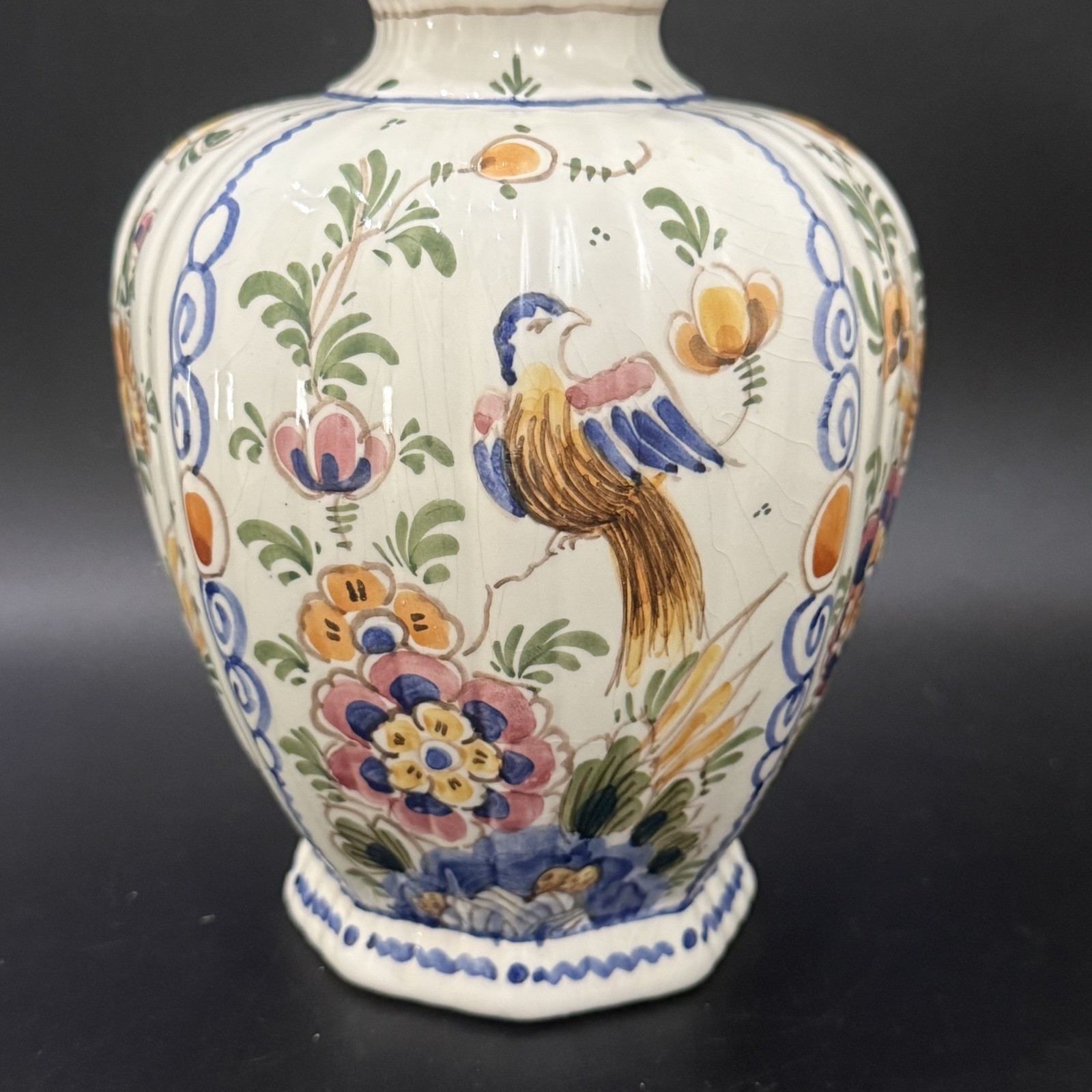 Vintage Handpainted D.P Delft Polychrome Floral Birds Dutch Pottery Ceramic Vase