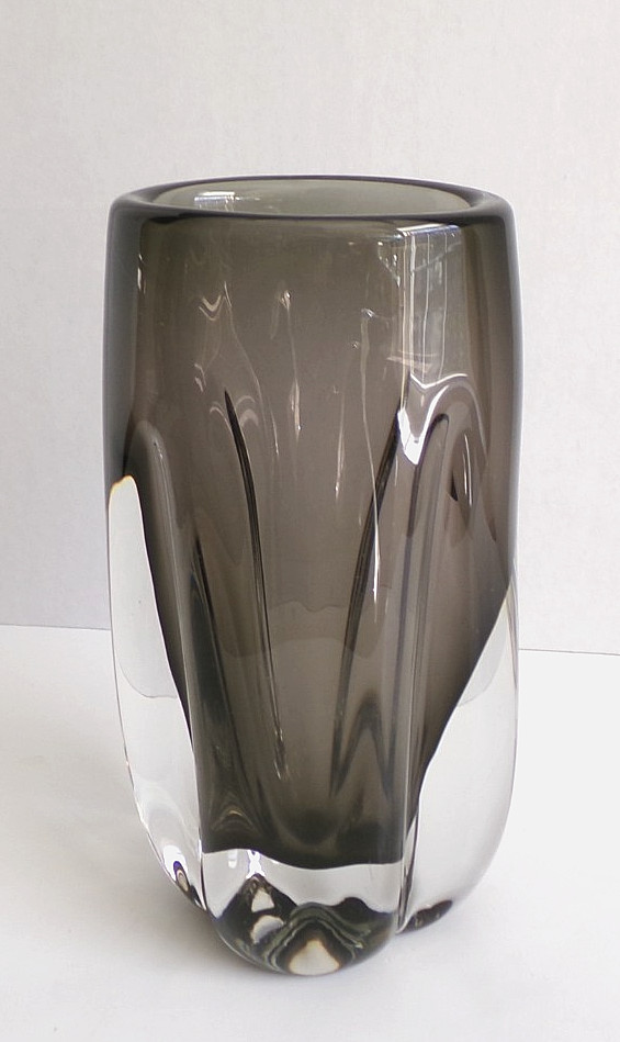 Vintage Heavy Sommerso Art Glass Vase Smoky Gray Clear MCM 8.75″ Height