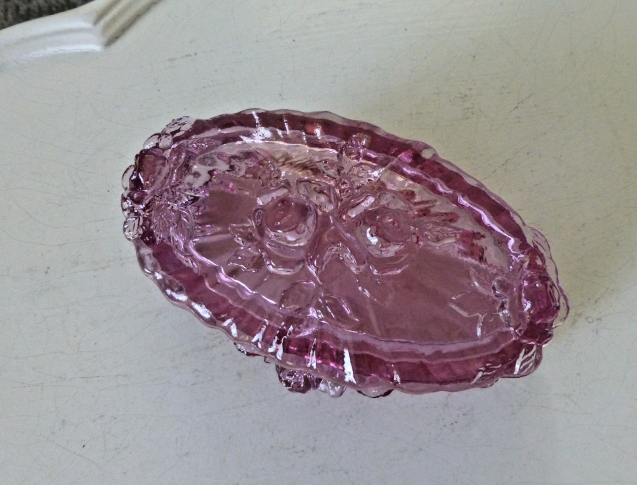 Vintage Fenton Cabbage Rose/Pink/Mauve Glass Covered Footed Trinket Box