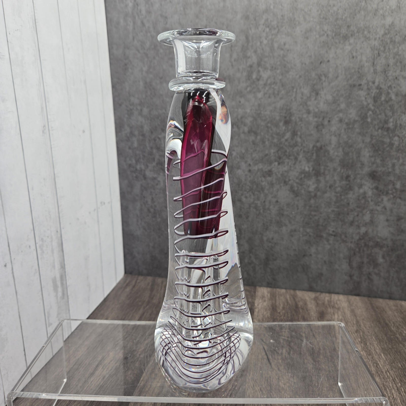Adam Jablonski Blown Glass Candlestick Red Swirl Handcrafted Art Glass 10.5″
