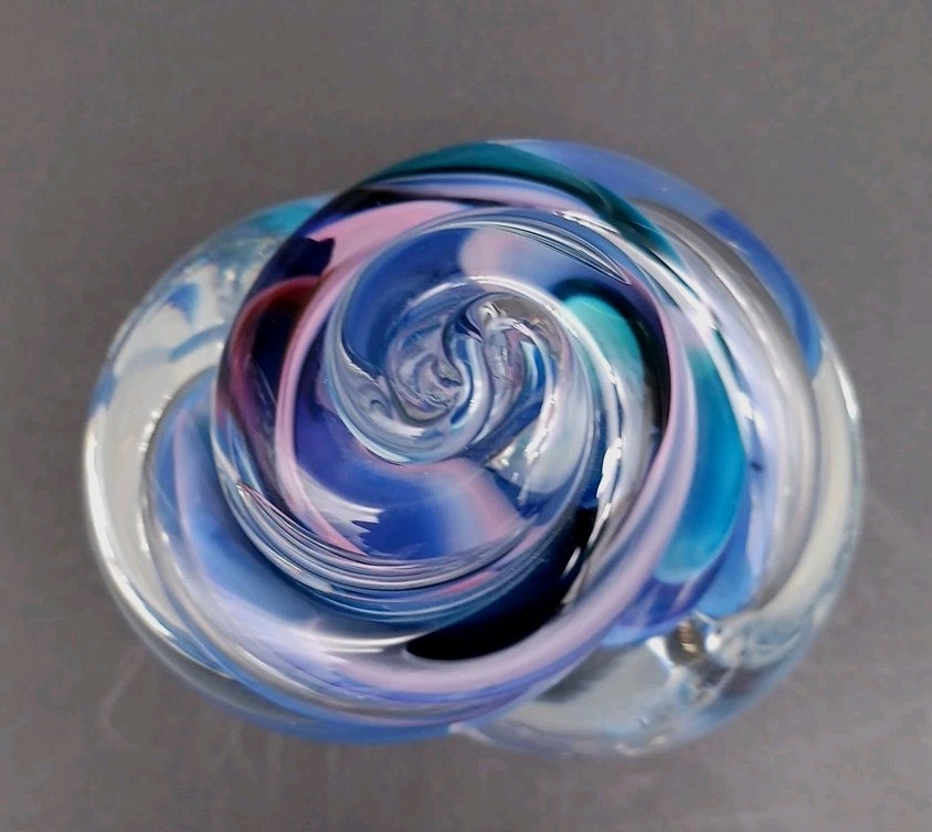 Jim Karg Signed Studio Art Abstract Glass Paperweight Periwinkle, Lavender, Blue