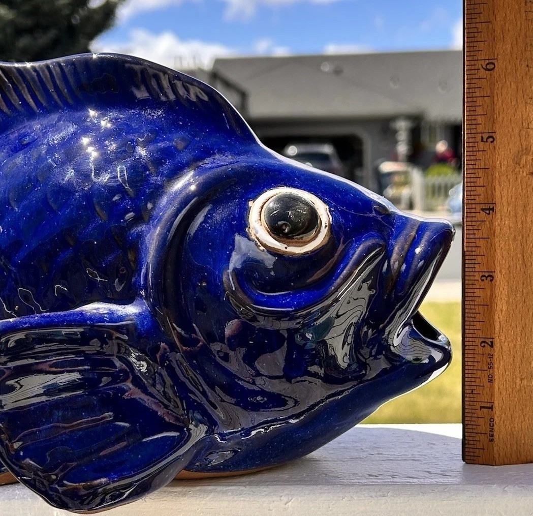 Art Pottery Cobalt Blue Fish Koi Sculpture Garden Decor World Market Approx 12”L