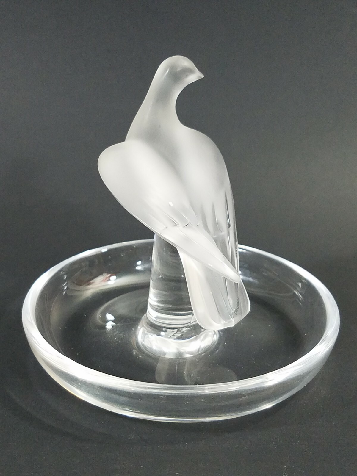 Lalique Crystal Trinket Pin Nut Dish with Love Bird/Dove Figure Motif France