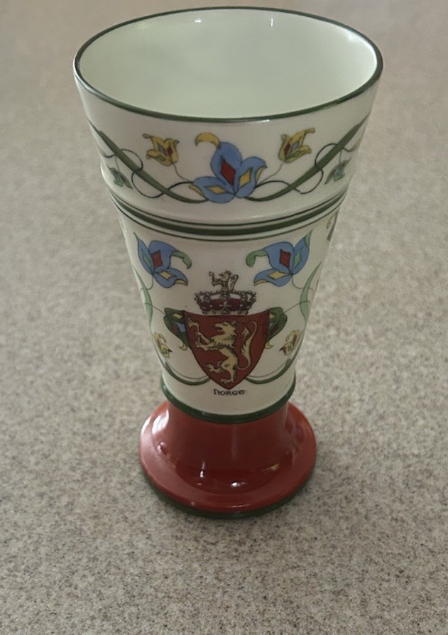 Vintage Porsgrund Norge Vase From Norway Red Bottom Floral Design With Shield