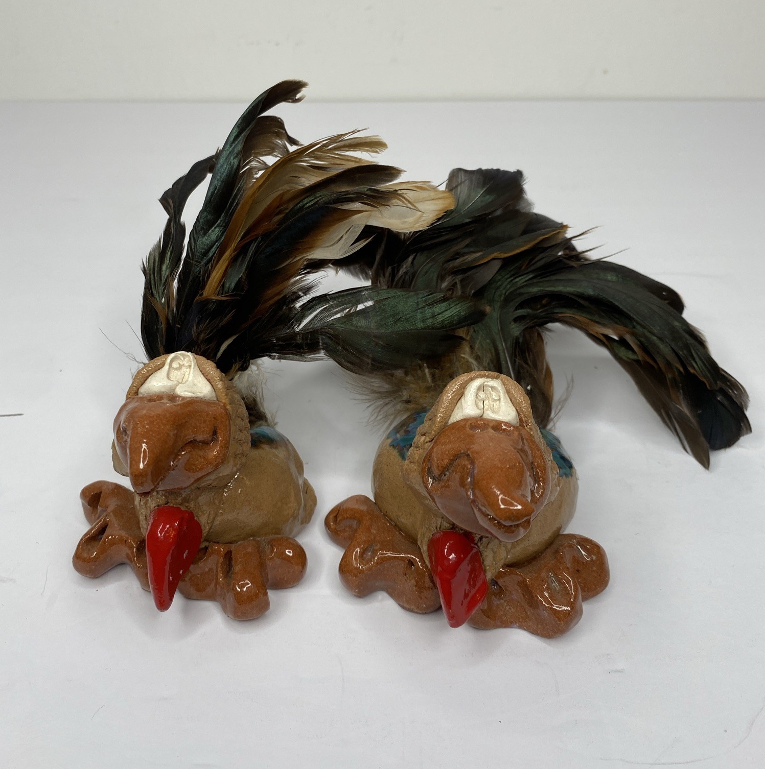 Vtg Hicks Red Clay Pottery Funny Birds w/ Feathers Candle Holders Signed