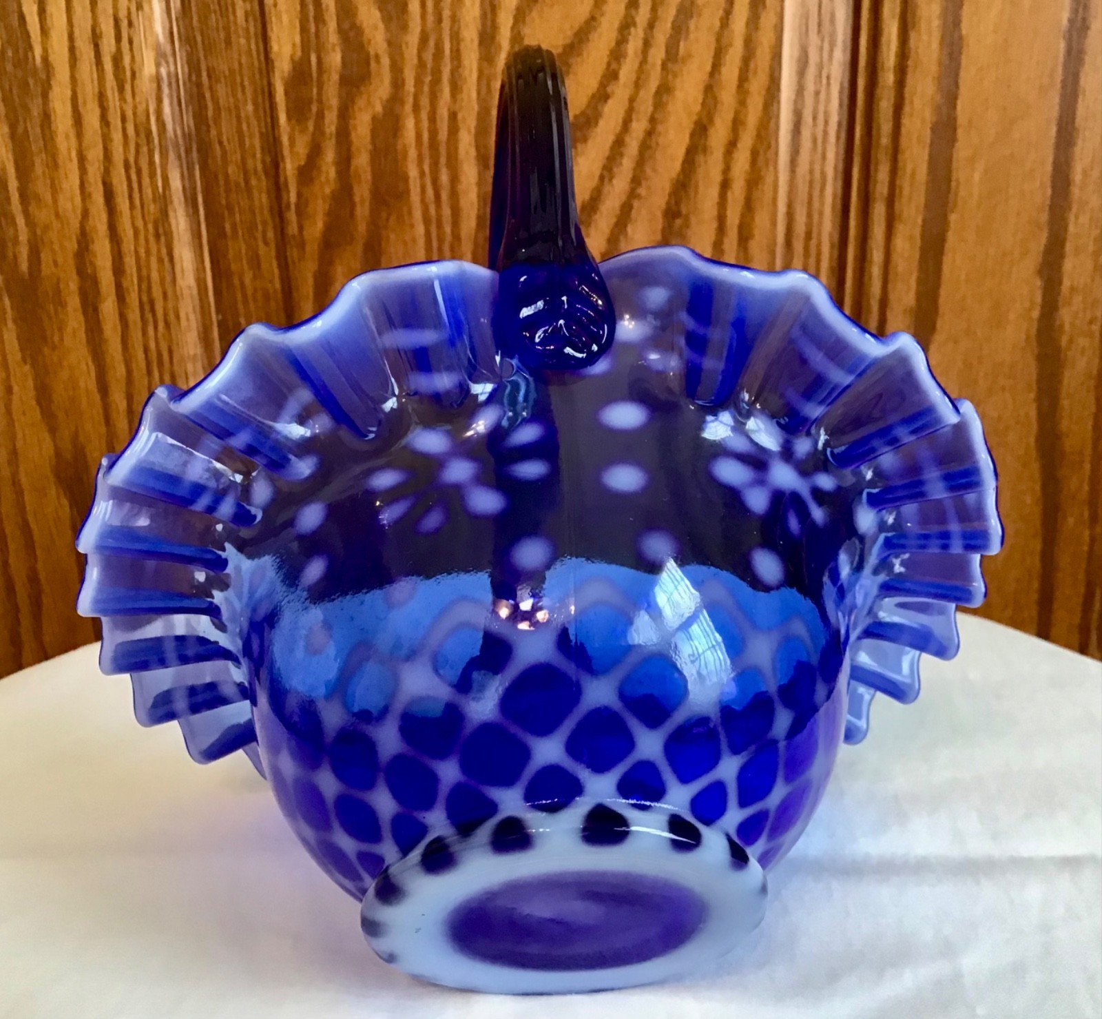 RARE FENTON ART GLASS COLBALT SNOW FLAKE BASKET