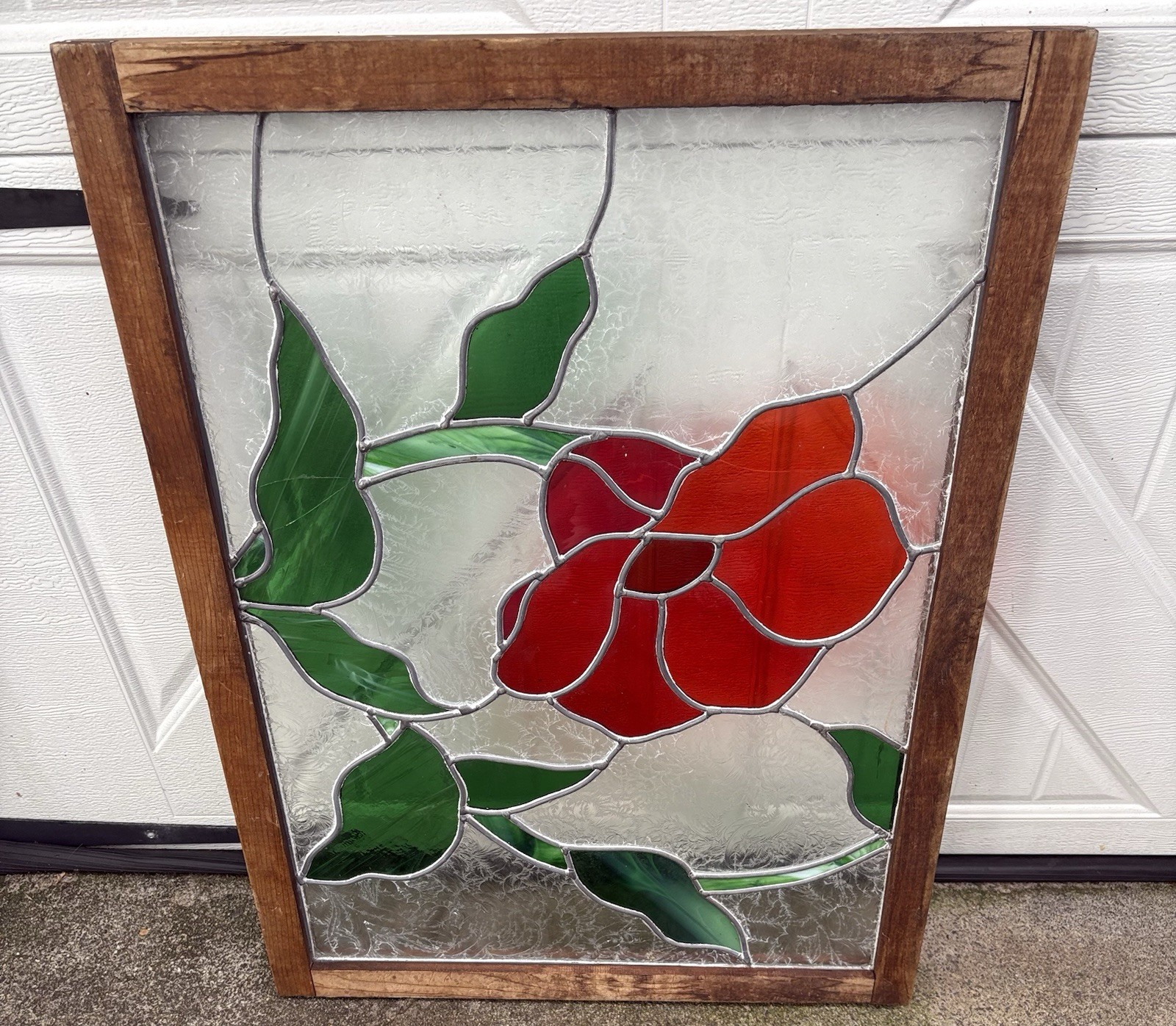 Sun Catcher Tiffany Stained Glass Window Panel Rose Flower Wood Framed 32”